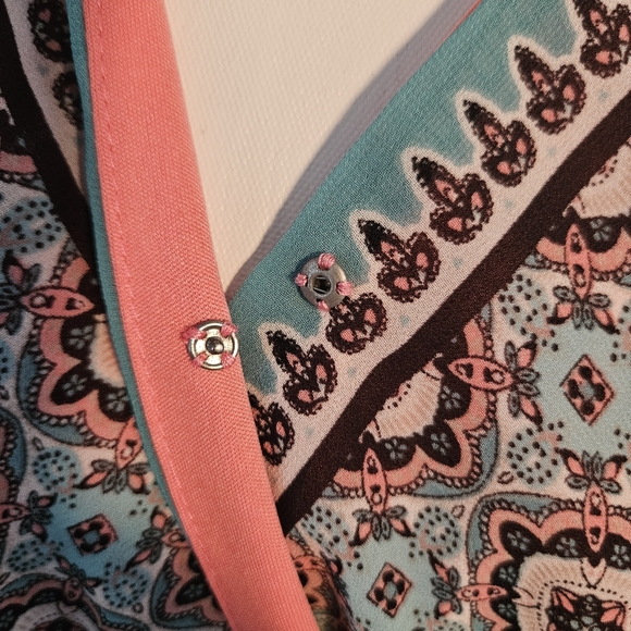 Cato Peach and Teal Boho Print Faux Wrap Style Dress with Deep V Neck - Picture 10 of 11